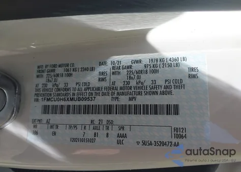 2021 Ford Escape Sel z USA, uszkodzony, nr VIN 1FMCU0H6XMUB09537